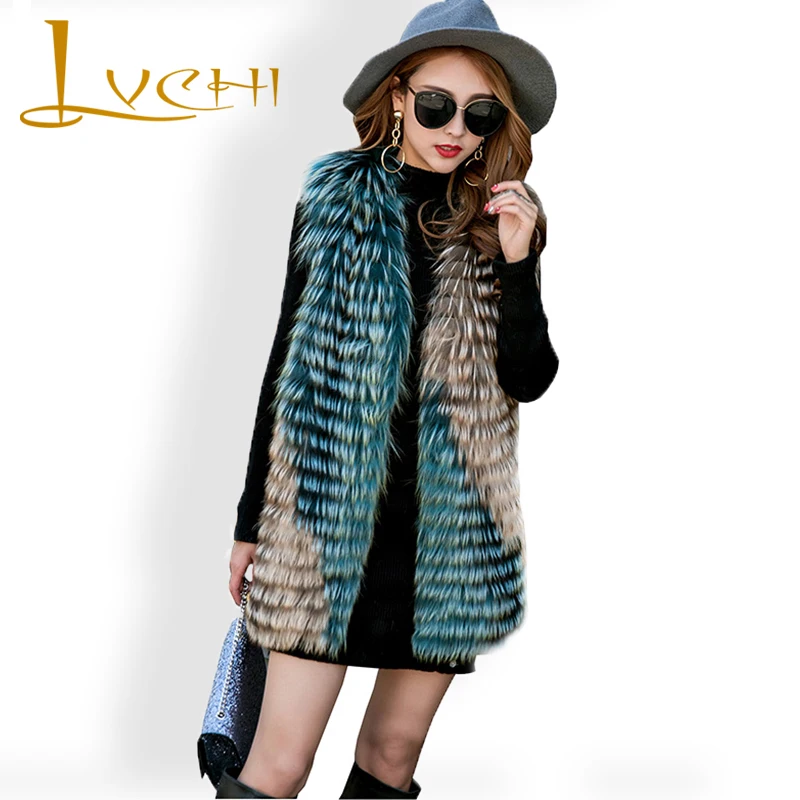 Женский жилет из лисьего меха LVCHI двухцветный Меховой с круглым вырезом весна