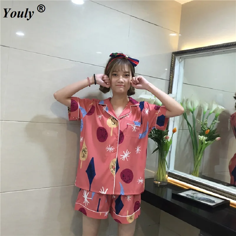 2021 Summer Women Sleep Pajamas Sets Turn-Down Collar Geometric Funny Short Sleeve Top Hot Shorts Set Female Pyjamas Sets 51203