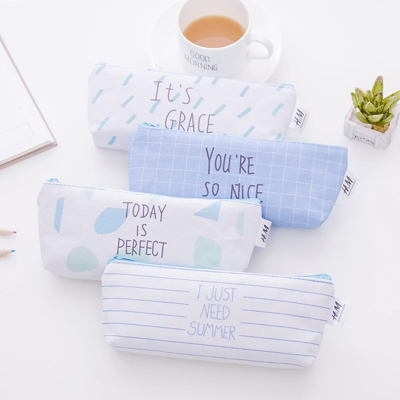 

Korean Cute Little Fresh Island Blue Canvas Pencil Bag Primary And Middle School Students Pencil Pencil Stationery wholesale