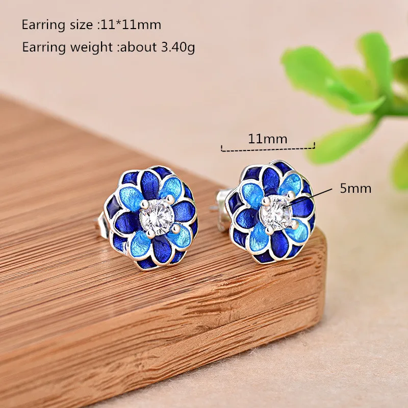 

925 Sterling Silver Gorgeous Women Jewelry Earring Blue Enamel Round Zircon Beautiful Wedding Earring for Women Bride Jewelry