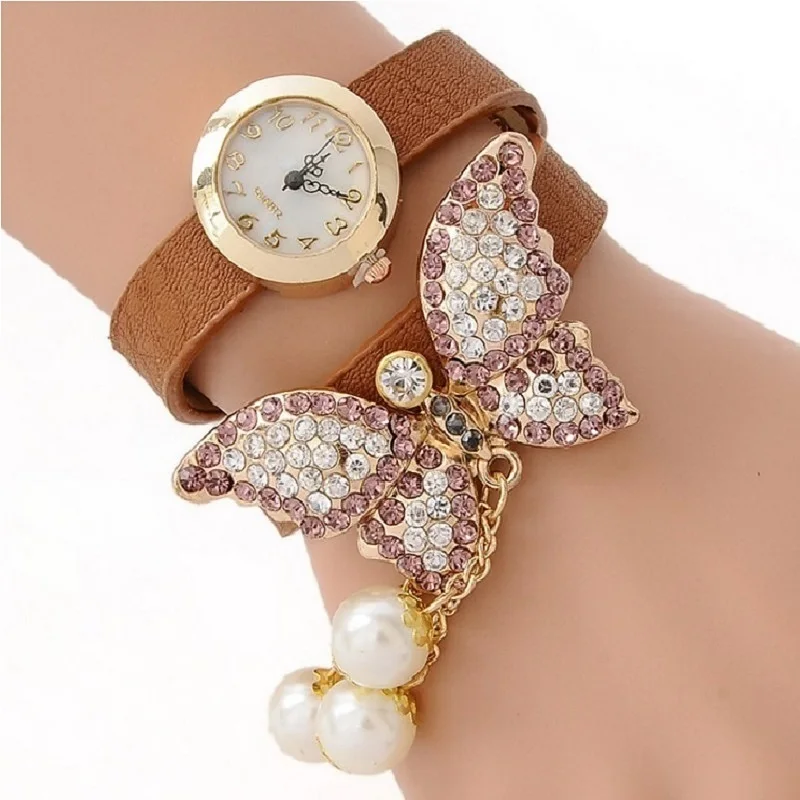 Gnova Платиновый Кристальный ремешок с бабочками женские часы жемчуг шарм браслет