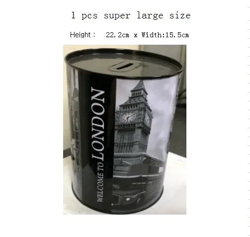1pc larg size london Высокое качество креативный доллар металлический цилиндр копилка экономия денег коробка украшение дома Оловянная Копилка дети маленькие подарки - Цвет: 1pc larg size london