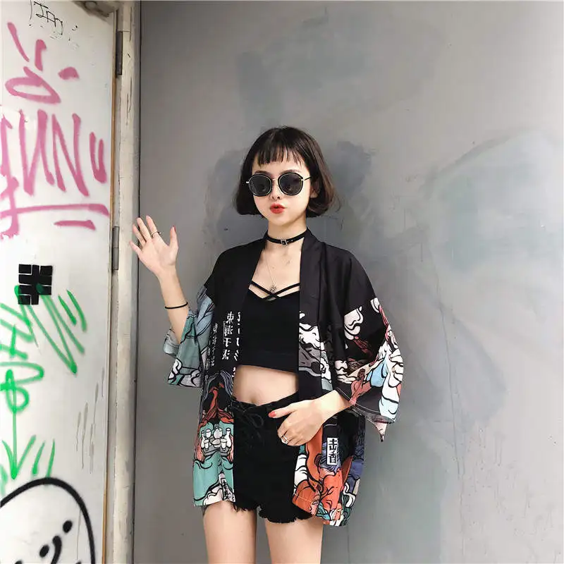 Neploe летняя Harajuku блузка для женщин и мужчин кимоно кардиган японский мультфильм печатных свободные топы Blusas Mujer De Moda 35867