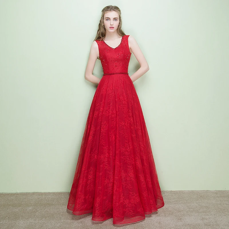 Мода Красный Кружева Длинное Вечернее Платье Невесты Элегантные Линии V образным