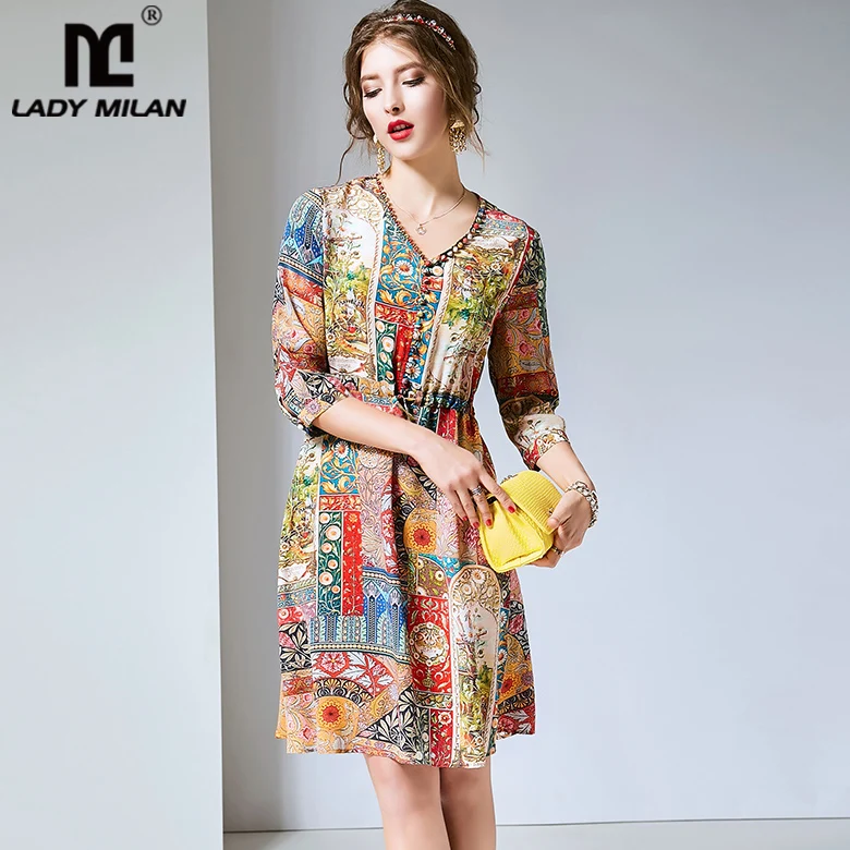 

100% Pure Silk Women's Runway Dresses V Neck 3/4 Sleeves Printed Buttons Detailing Fashion Summer Short Dresses
