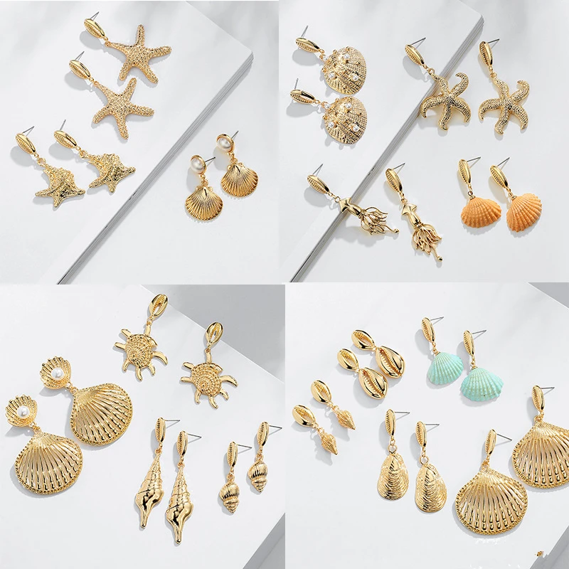 Женские богемные серьги-гвоздики QIAMNI с золотыми черепахами раковиной и морской