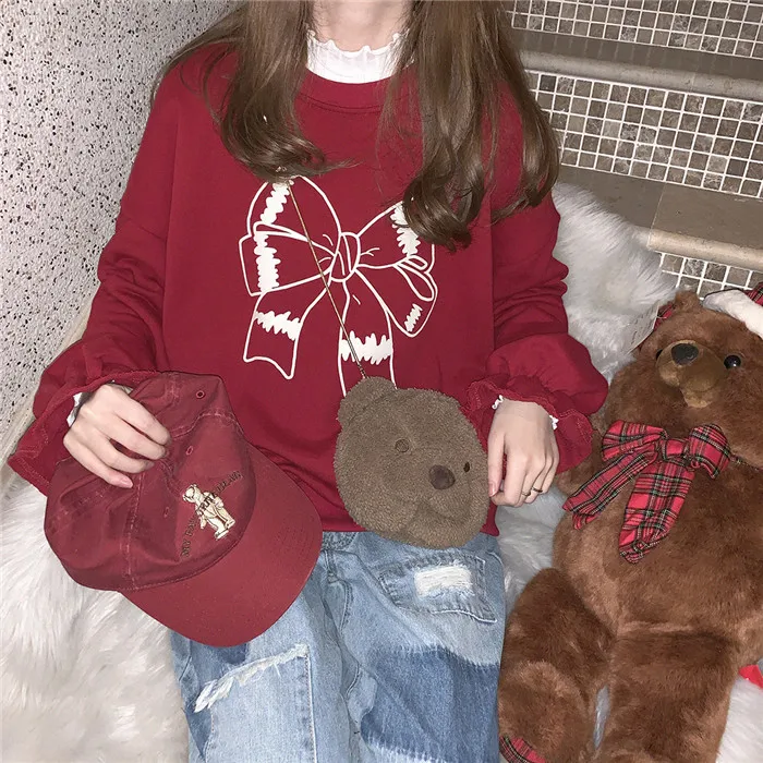 Милые красные женские толстовки 90s одежда японская Лолита Kawaii негабаритных пуловер для девочек-подростков милый Графический Рождественский Свитшот