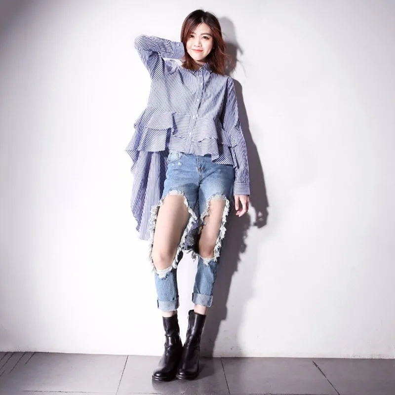 TWOTWINSTYLE полосатая блузка Женский воротник с лацканами лоскутное оборками Высокая