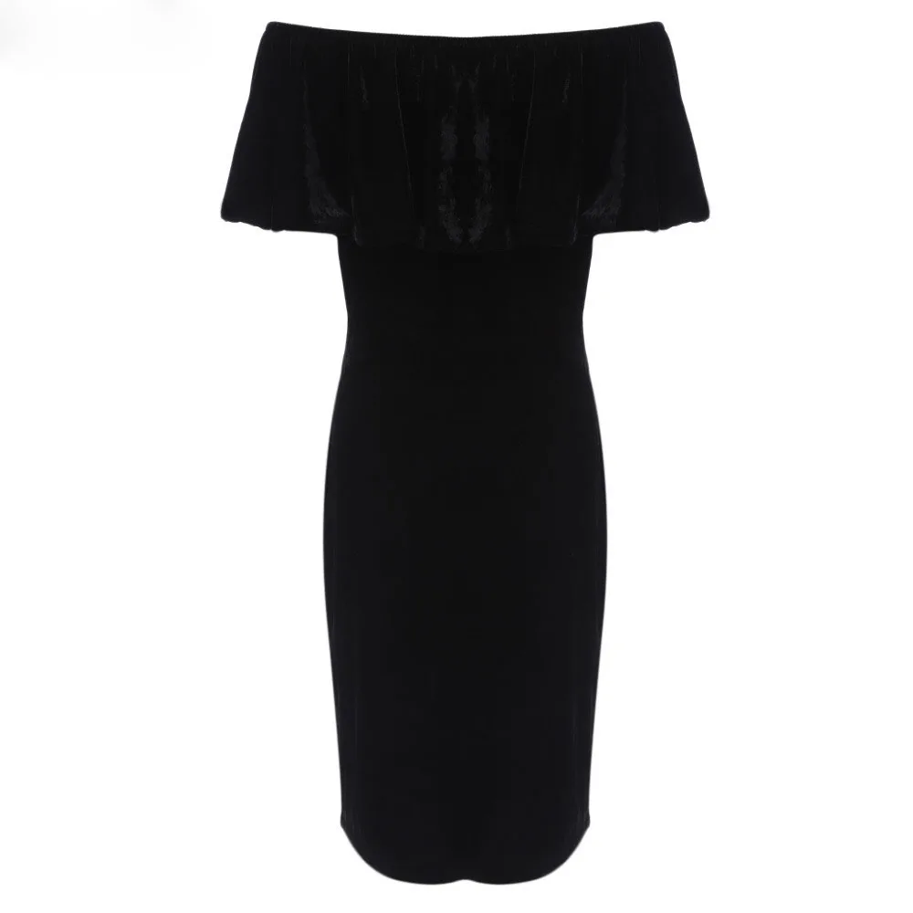 Bodycon Dress Sexy Slash Шеи С Плеча Черный Бархат Цветочные Вышивка Тонкий Партия Стретч