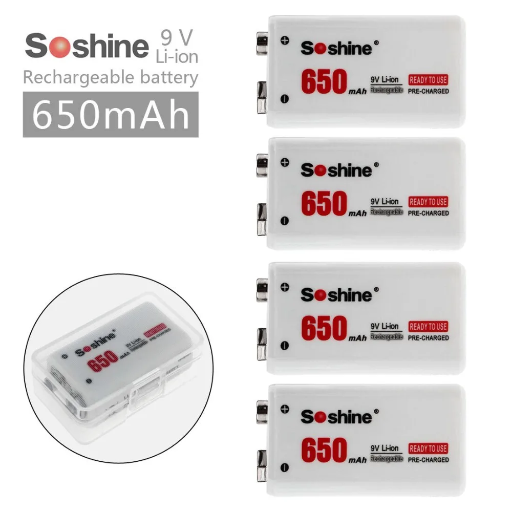 4pcs/set Soshine 6F22 9V 650mAh Li ion Lithium Rechargeable Battery for Electronic Smoke Guitar|rechargeable battery|soshine 6f22battery |