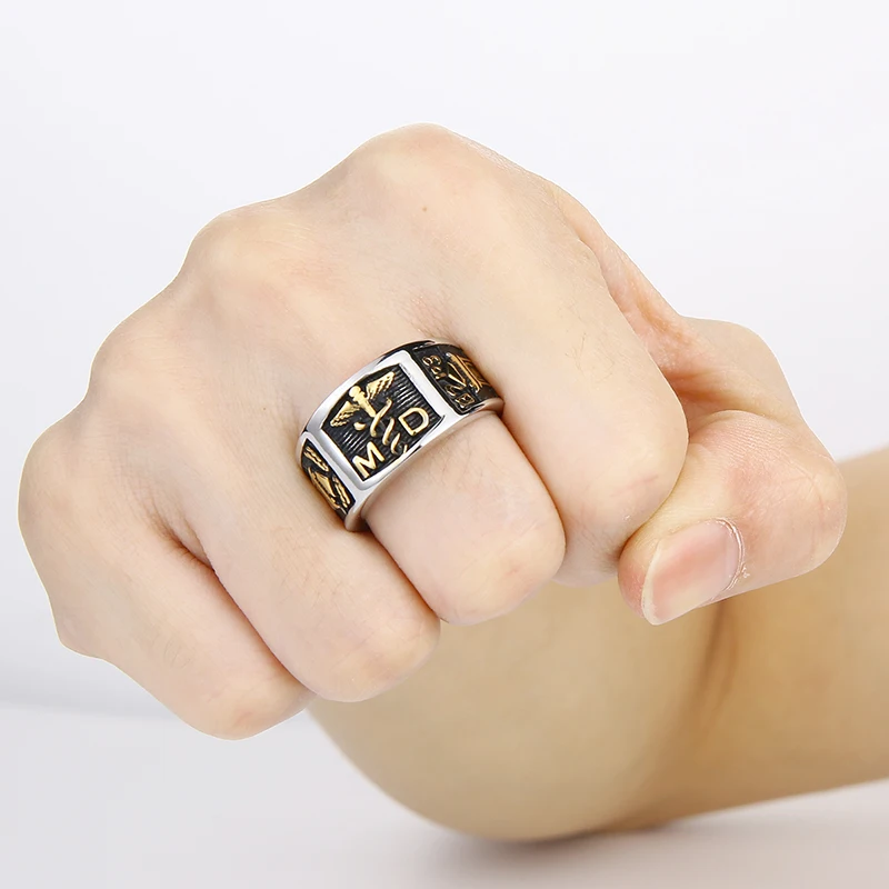 Staff Of Asclepius Ring Stainless Steel/Gold/Black Snake Rod Graduation Gift of Rings for Men Women Wholesale | Украшения и