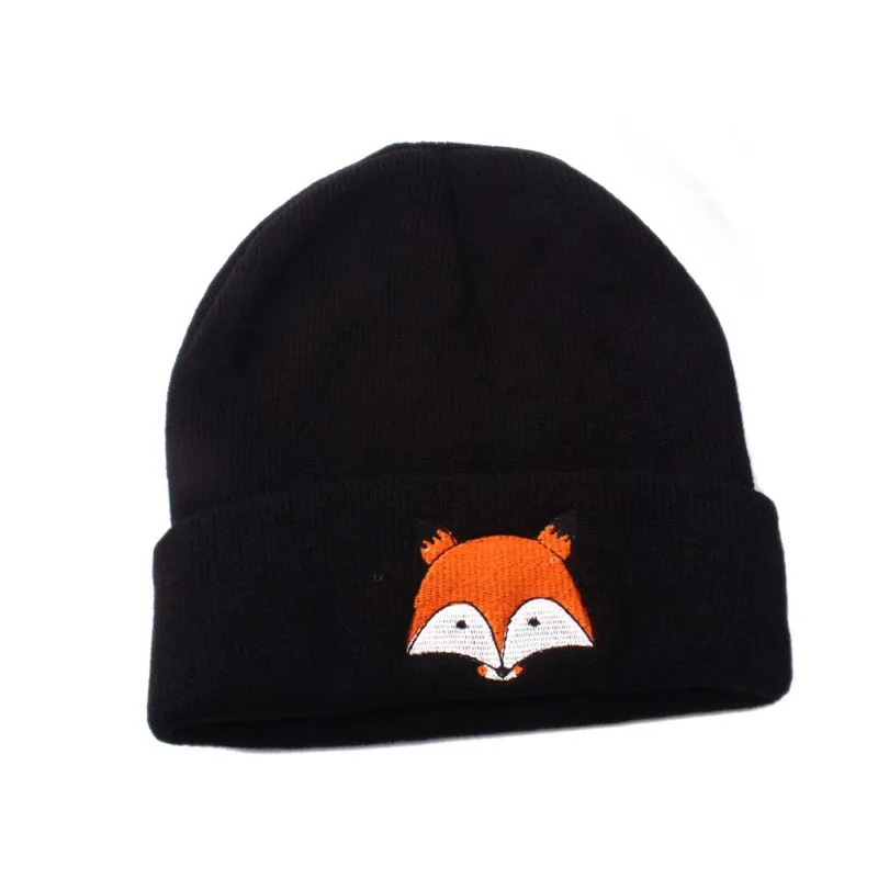Winter Adult Unisex Knit Cartoon Fox Beanies Cap for Women High Quality Breathable Keep Warm Soft Hats Man Parent child Cap W20 - Цвет: Черный