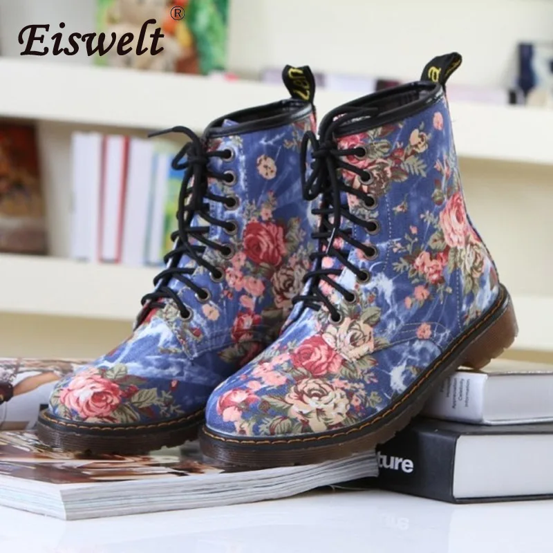 EISWELT Woman Martin Boots Fashion Flower Shoes Lace Up Motorcycle Oxfords Flats Ankle for Women Flat with Autumn Winter | Обувь
