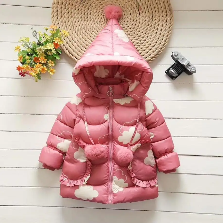 pink Коллекция года, зимние куртки Плотная куртка для девочек Осенняя теплая хлопковая куртка с капюшоном зимние пальто с принтом облаков для детей - Цвет: pink
