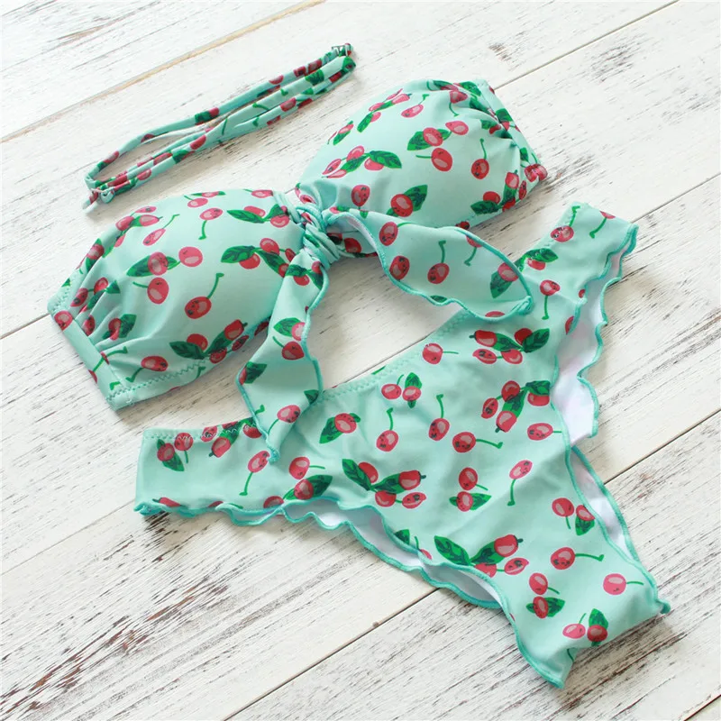 2016 Summer Style Cherry Printed Bikinis Set Sexy Bandage Women Bandeau Push Up Swimsuit Female Swimwear Bathing Suit |