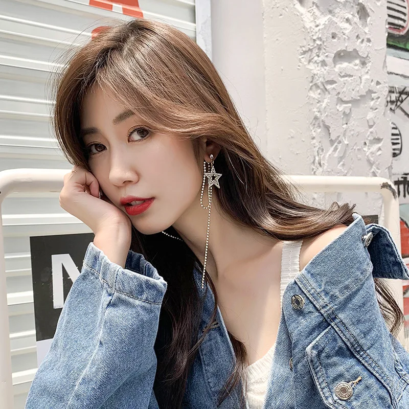 Dominated personality exaggerated crystal Star fashion Women temperament long metal tassel Drop earrings