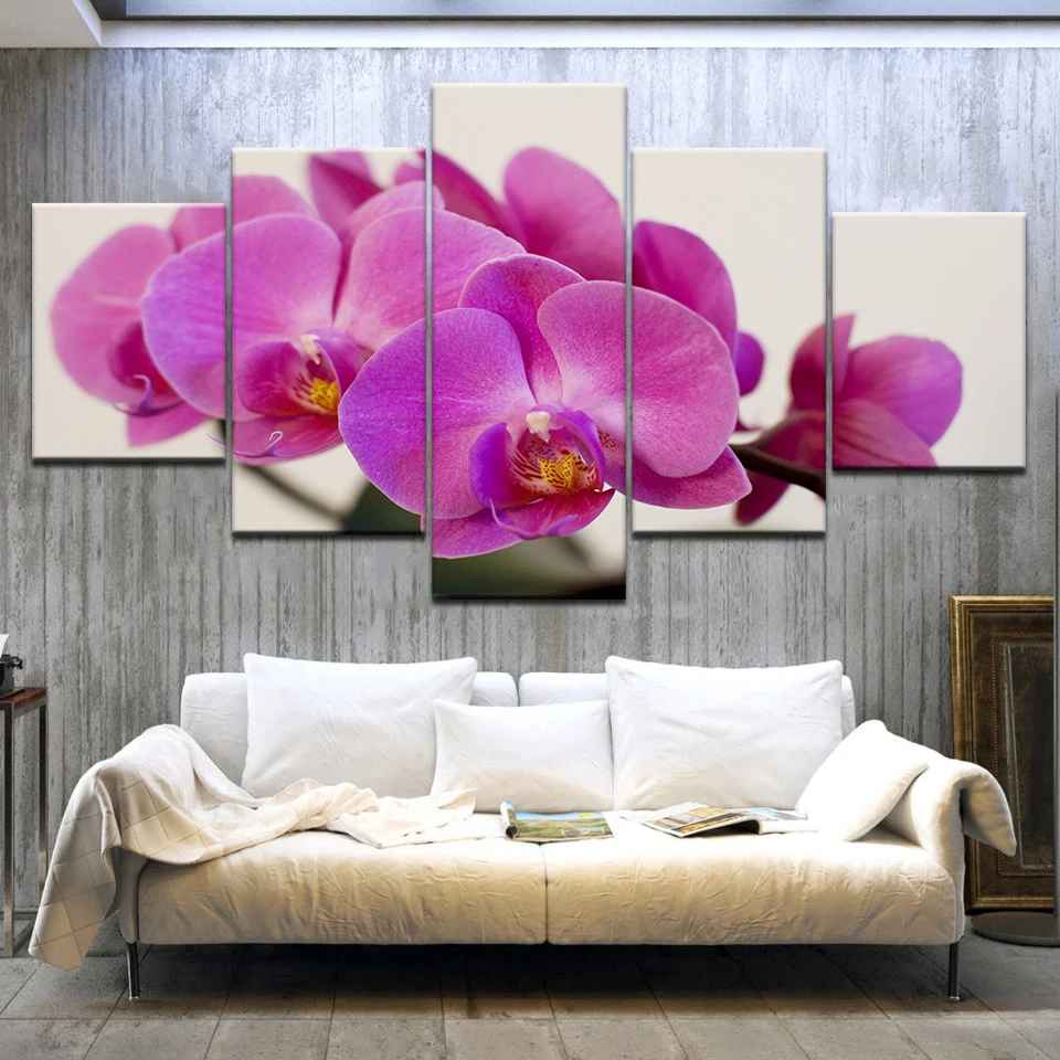 

Modular Pictures Wall Art Canvas HD Prints Posters 5 Pieces Purple Moth Orchid Flower Paintings Living Room Home Decor Framework