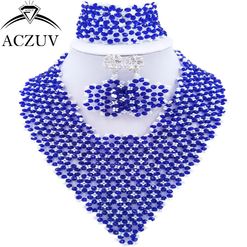 ACZUV бренд Королевский синий Африканский Свадебный комплект ювелирных изделий для помолвки африканские бусы ожерелье и серьги браслет AJ016