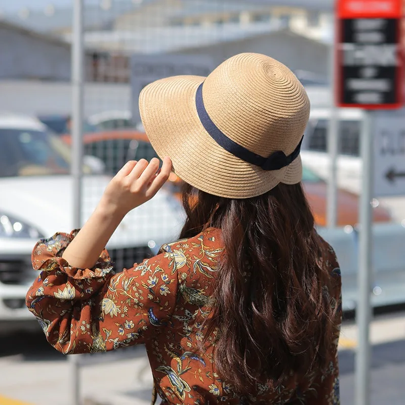 Панама женская Соломенная с бантом модная однотонная пляжная шляпа широкими