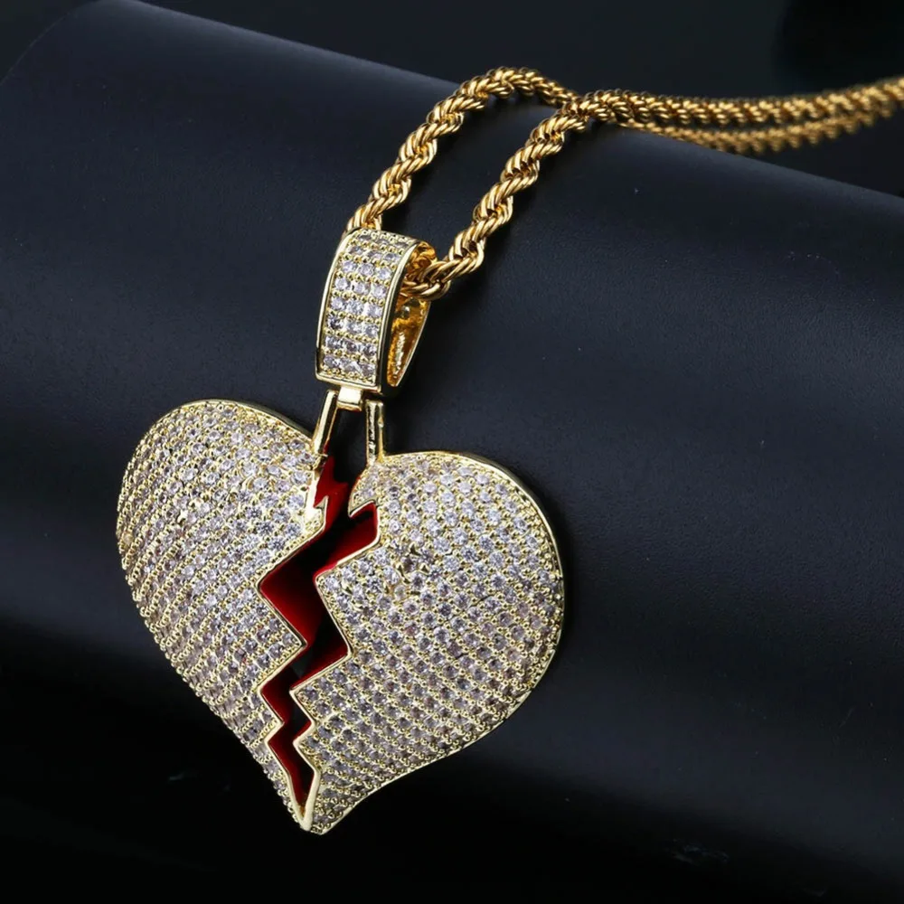 

Solid Design Hip Hop Rapper AAA CZ Zircon Bling Iced Out Broken Heart Pendants Necklace Men Women FashionJewelry Gold Color