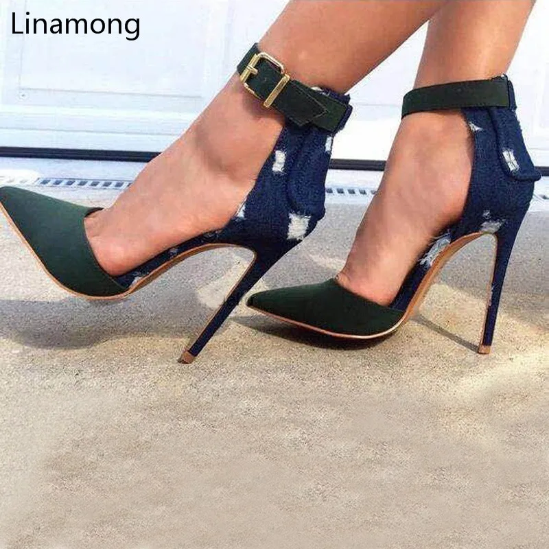 

Fashion New Style Suede Denim Patchwork Thin High Heels Stylish Women Ankle Buckle Style Pointed Toe Pumps Fancy Jeans Shoes
