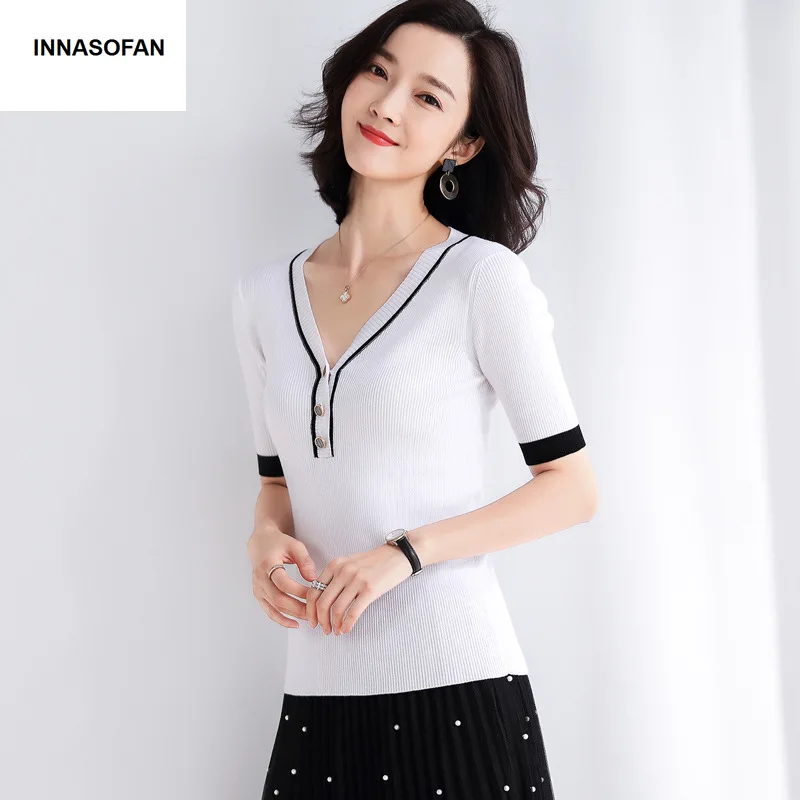 INNASOFAN Thin sweater Female Spring-Summer Knitted Eurasian fashion elegant short sleeve and V-collar | Женская одежда