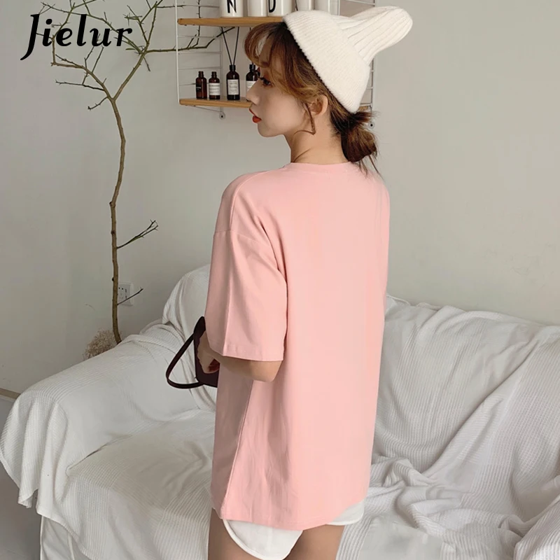 Jielur Женская Футболка Harajuku свободная вышитая с буквами женская круглым вырезом