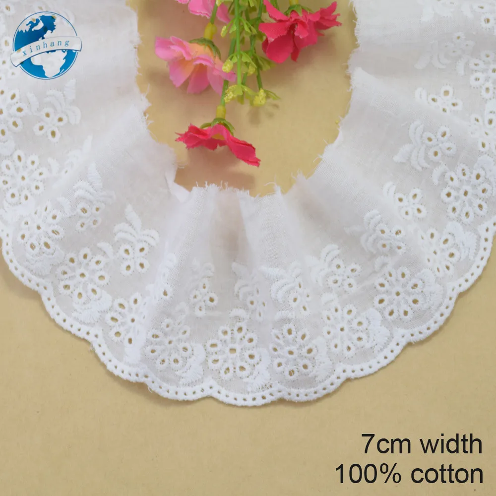 Белые хлопковые гипюровые ленты для шитья с вышивкой, 7 см, кружевная отделка или тканевая основа для вязания, аксессуары для одежды DIY, Бесплатная доставка #3696