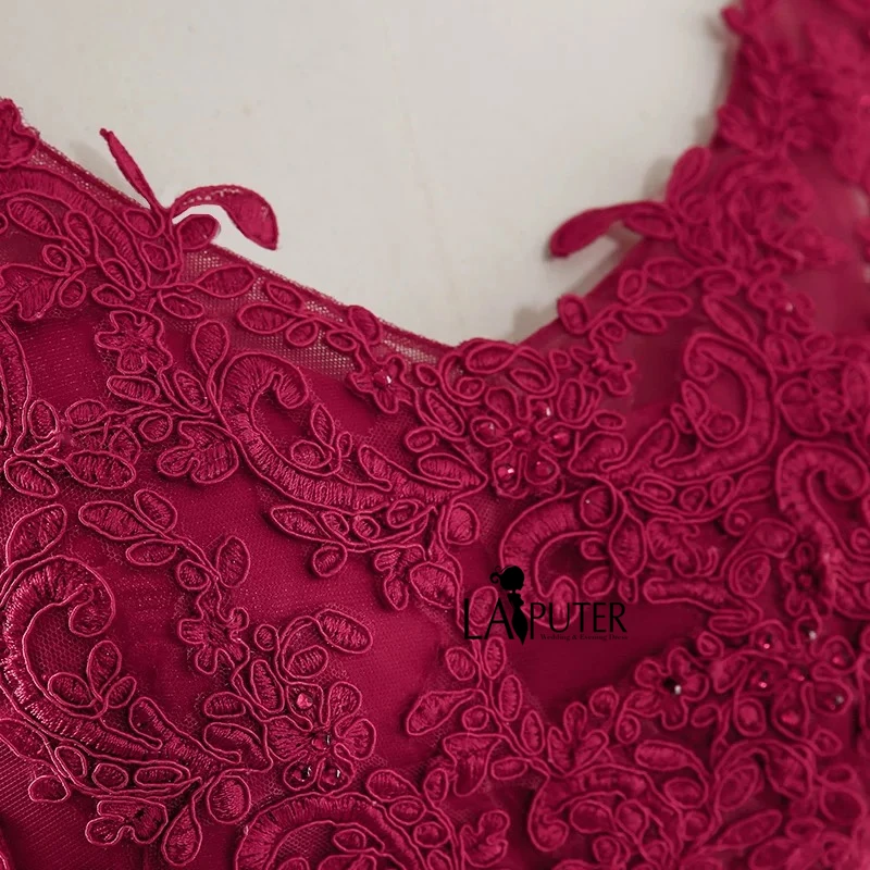 2018 Новая коллекция Кружева Аппликации бордовое вечернее платье с кристаллами