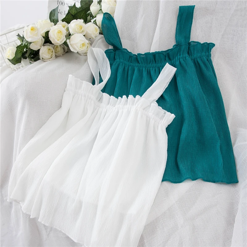 Летняя Дамская Блузка 2020 Корейская шифоновая блузка на бретельках белая рубашка