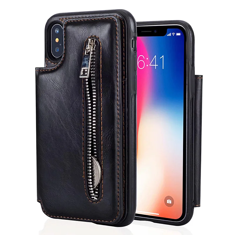 Чехол для iPhone Xr Xs Max X из искусственной кожи кошелек ID карты на молнии с подставкой