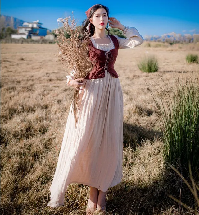 Оригинальное платье в ковбойском стиле ретро из двух частей хлопка и льна тонкое