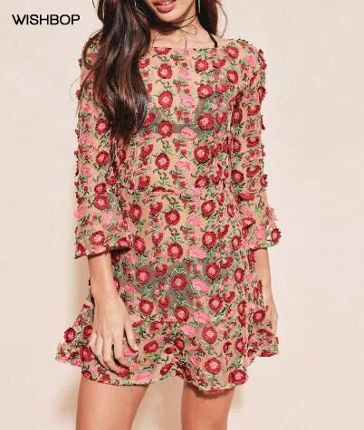 WISHBOP 2017 NEW Romantic Love AMELIA SWING 3D Flowers Embroidered Tulle Mini dress with 3/4 sleeves Ruffles hem | Женская одежда