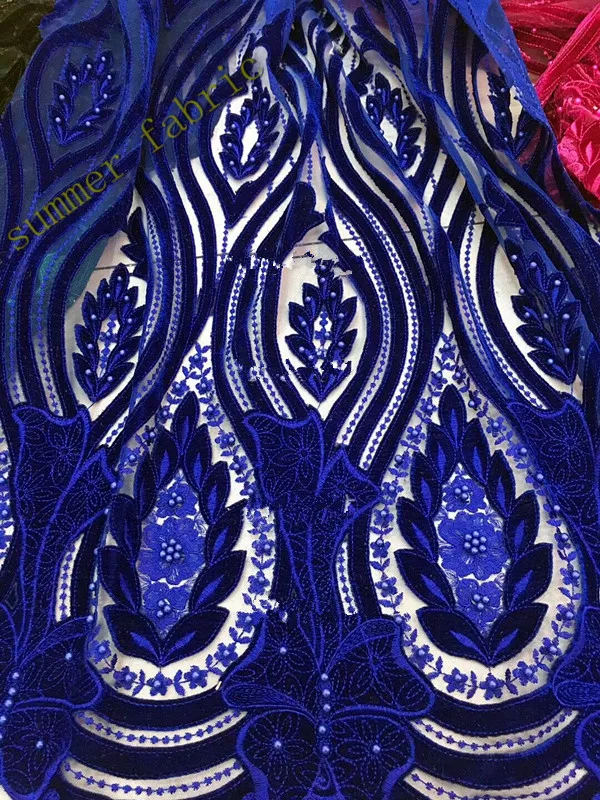 High Quality French Lace Fabrics African Net Fabric Embroidered Tulle Royal blue beaded embroidery | Дом и сад