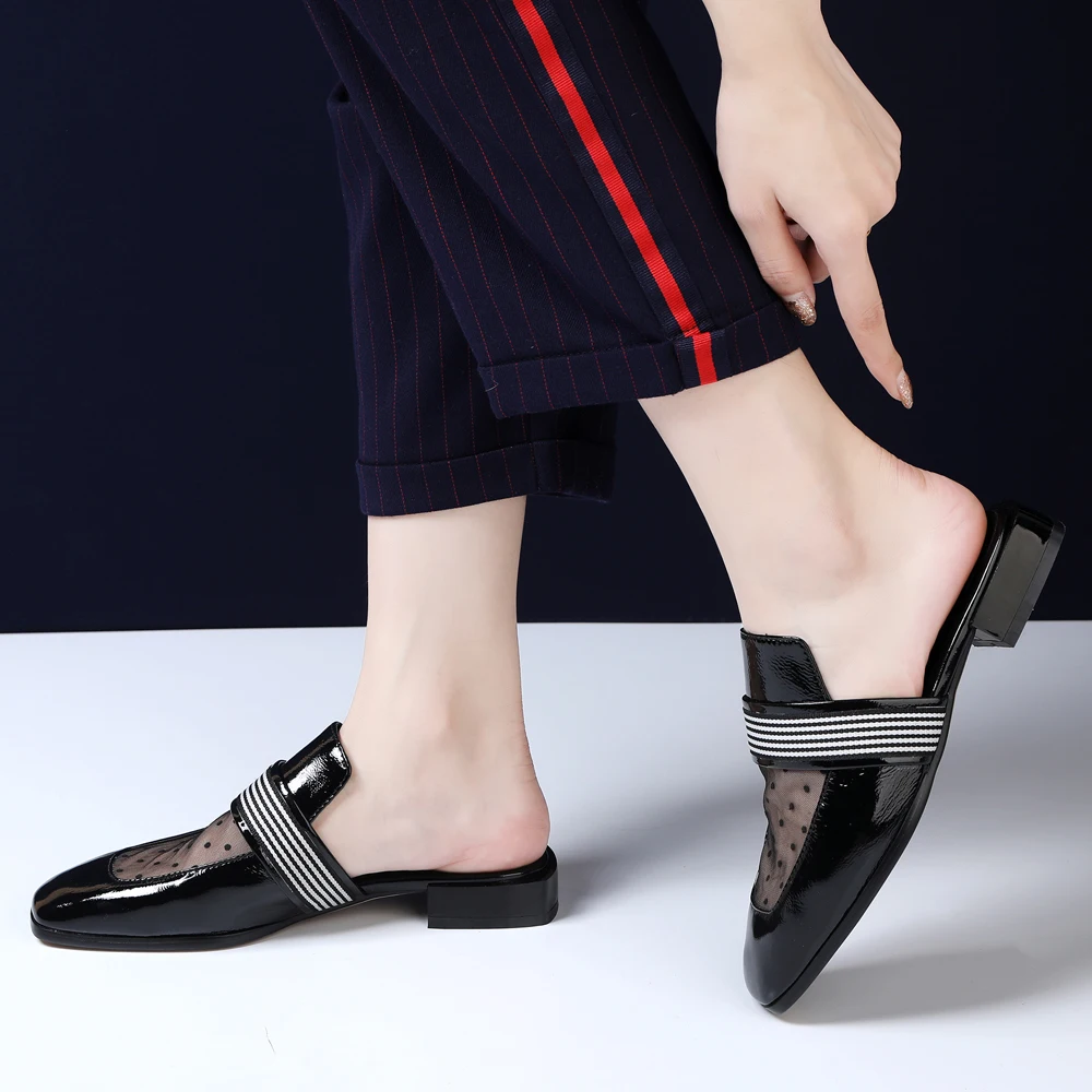 

ANNYMOLI Mules Shoes Women Genuine Leather Square Heel Slippers Cut Out Square Toe Sandals Summer Female Outdoor Shoes Black 40