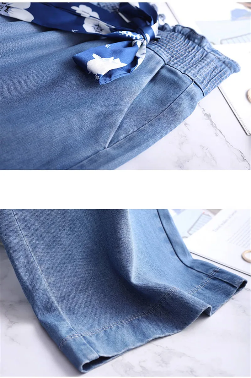 Женские джинсы больших размеров 4XL из Tencel, повседневные свободные джинсы с высокой талией и широкими штанинами, эластичные Широкие штаны с бантом на талии, летние джинсовые штаны для мам