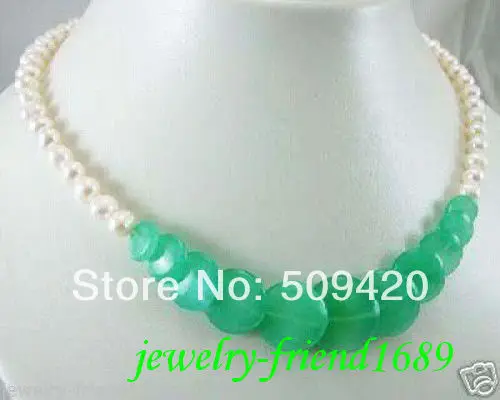 ~ Бесплатная Доставка WholesaleJewelry пресноводных 7-8 мм жемчуг/зеленый нефрит ожерелье