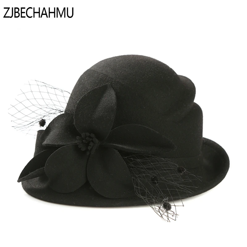 ZJBECHAHMU модная новая однотонная винтажная элегантная шерстяная шляпа с цветочным