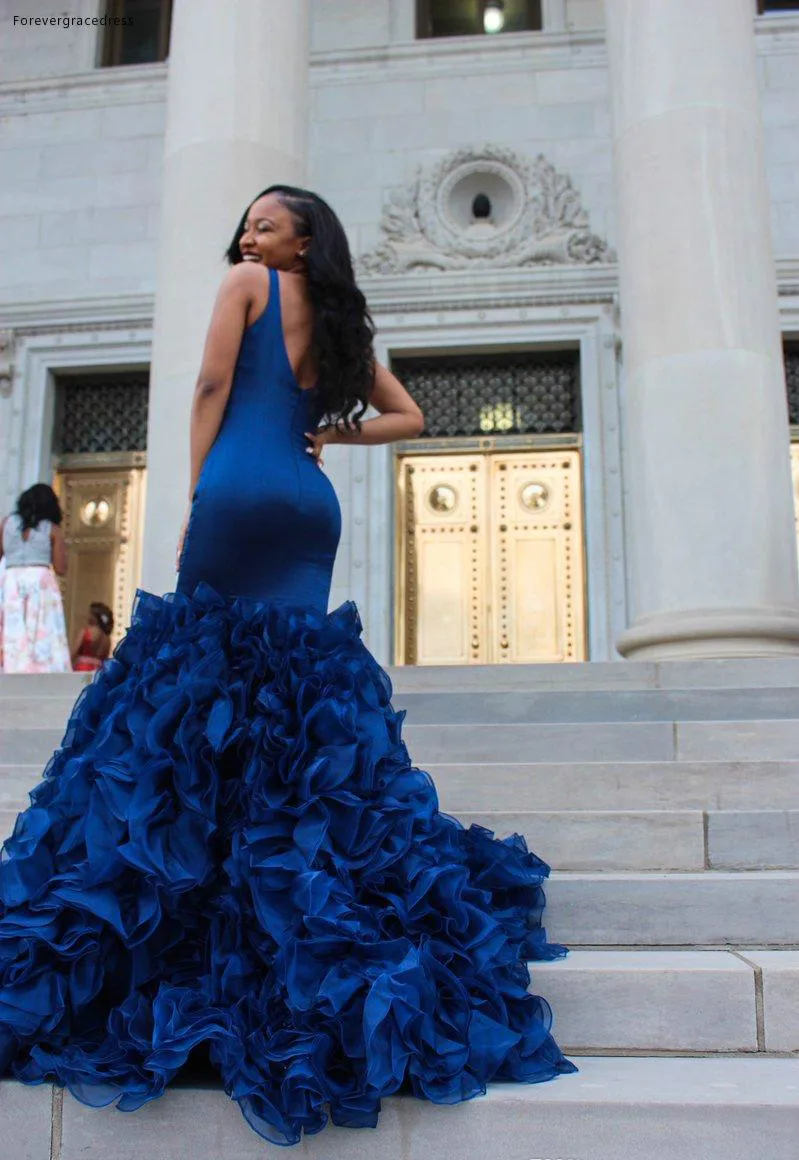 

Mermaid Prom Dress Royal Blue Deep V-neck Long Formal Holidays Wear Graduation Evening Party Gown Custom Made Plus Size