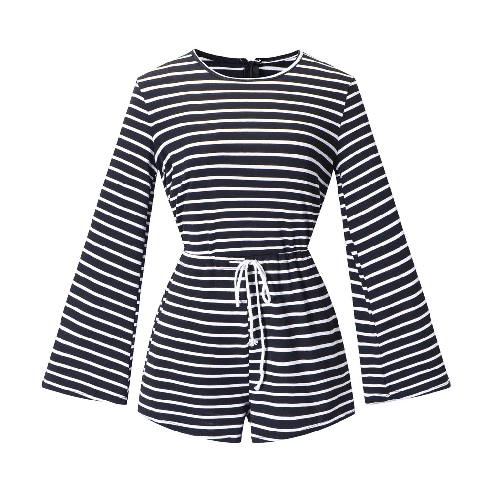 Women Autumn Long Sleeve Striped High Waisted Wide Playsuits Beach Jumpsuit girl bodysuit mujer top female | Женская одежда