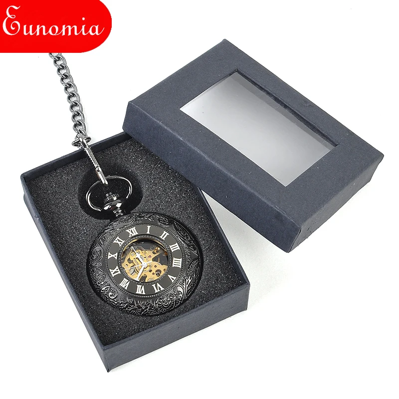 Черный виноград полые Скелет стимпанк Механическая Рука обмотки карманные часы