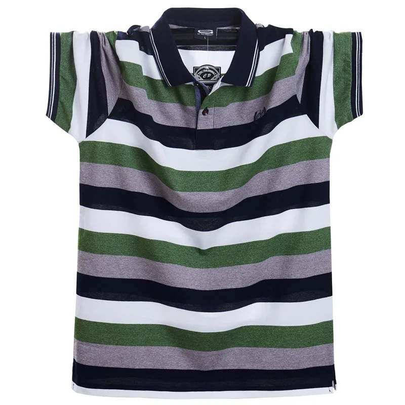 

VROKINO High Quality Cotton Men's Summer Short-sleeved Polo Shirt Men's Casual Breathable Stretch Loose Striped Lapel POLO Shirt