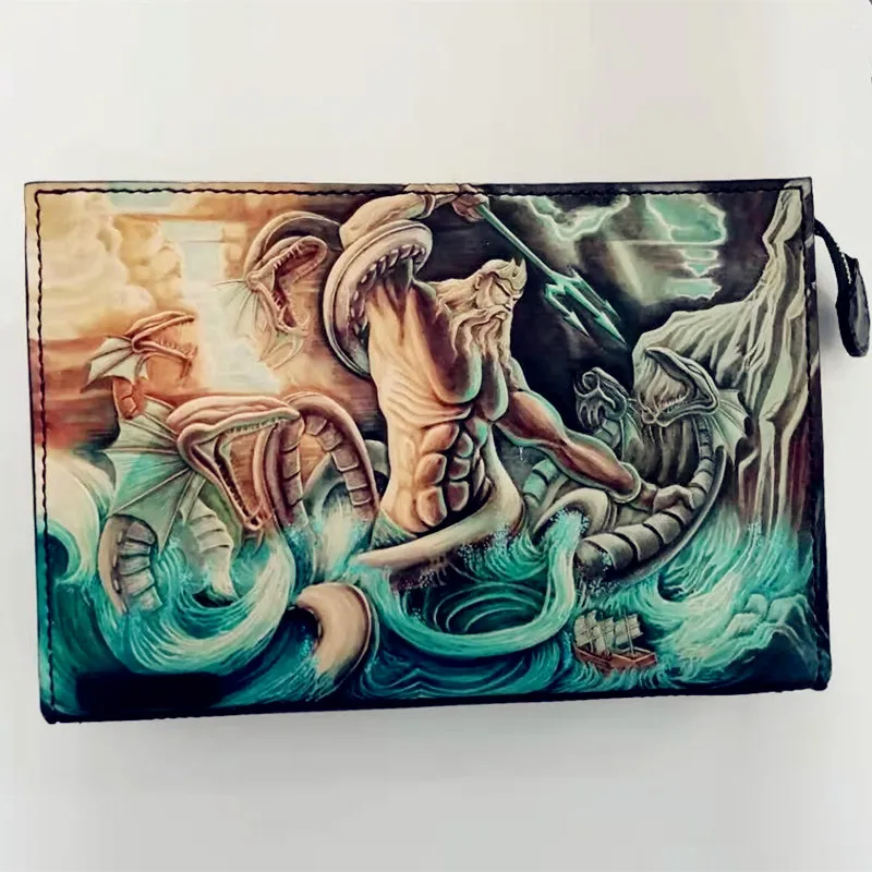 

Handmade Men Vegetable Tanned Leather Carvings Dragon Bag Money Holder Clutch Purse Cigarette Pocket Man Clutches