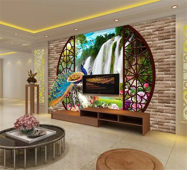 

3d peacock waterfall views murals Europe TV backdrop brick wallpaper living room bedroom murals papel de parede