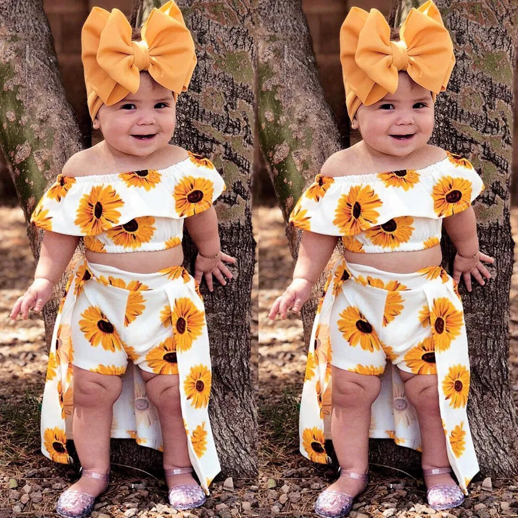 Топы с открытыми плечами и принтом подсолнуха для маленьких девочек + юбка штаны