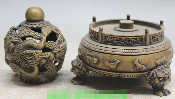 SCY 7&quot Chinese Bronze Dragon Play Bead Animal Lion Head Beast Rotate FengShui Ball S0706 | Statues &amp Sculptures