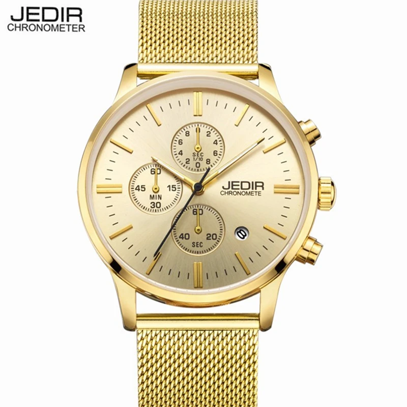 JEDIR мужские часы золотые наручные Chronos кварцевые спортивные военные с сетчатым