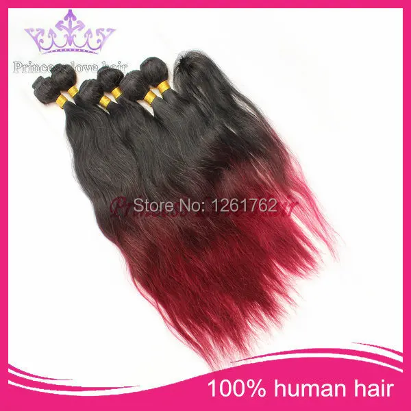 Virgin Brazilian Hair Ombre Extensions With Closure natural wave 1b#99j#Burg Three Tone 6 bundles lot |