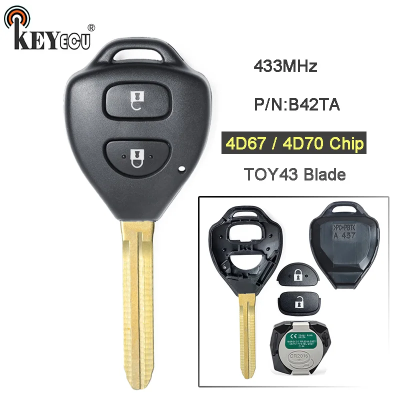 KEYECU P/N:B42TA 433 МГц 4D67/ 4D68 чип подлинный 2 кнопки дистанционного ключа Fob TOY43 для Toyota Hilux