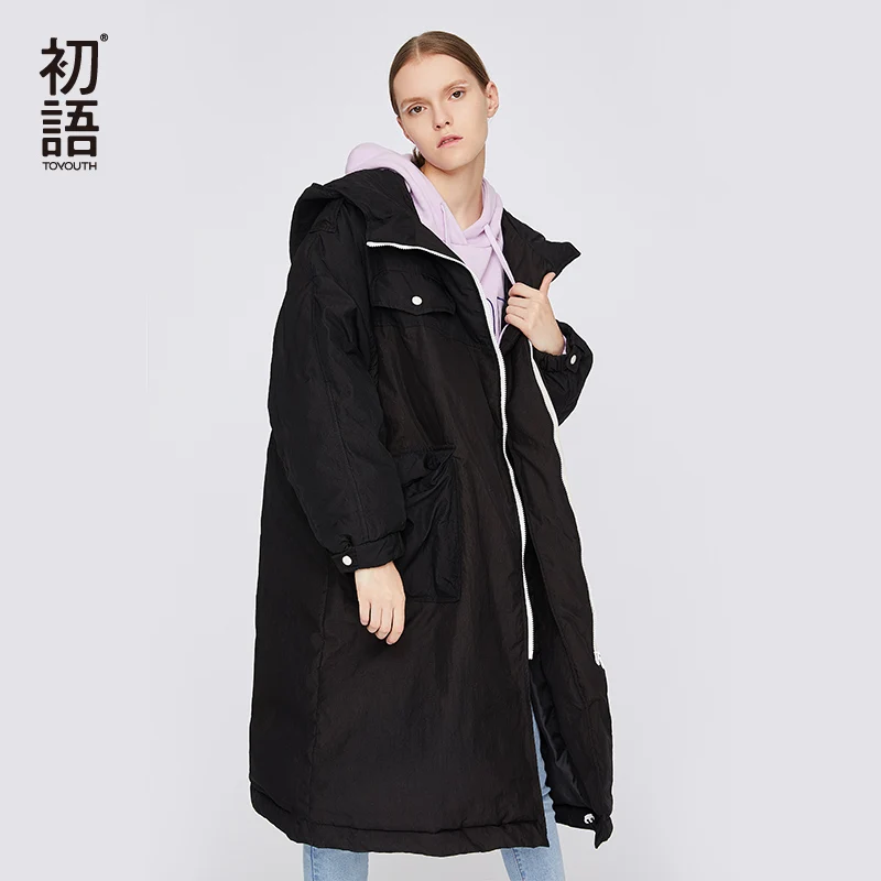 Toyouth Длинные капюшоном Дамы парка пальто Для женщин зима Harajuku пальто утепленные Mujer парка с длинным рукавом вниз пальто - Цвет: Black